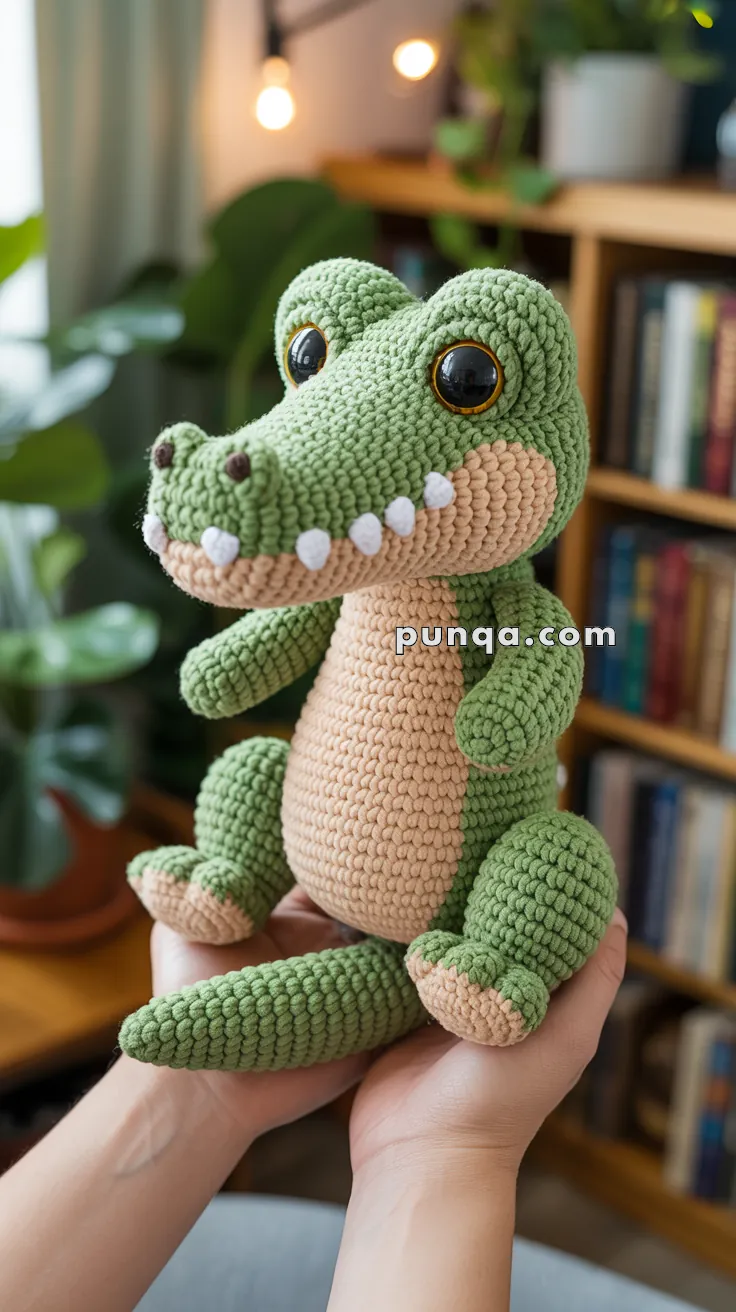 A hand-crocheted stuffed alligator with large eyes, light green body, and a beige belly, held in someone's hands in a cozy room setting with a bookshelf and plants in the background.
