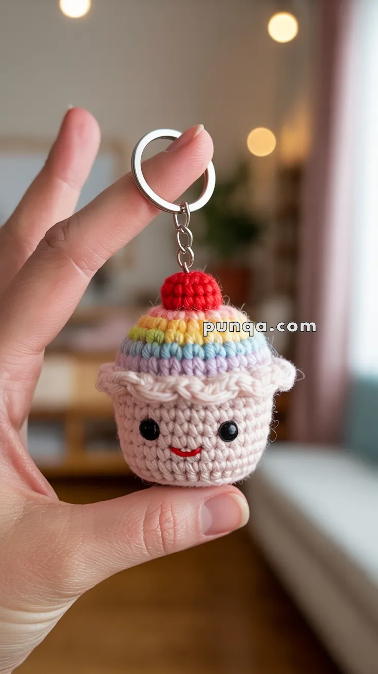 A hand holding a keychain featuring a crocheted cute cupcake with a rainbow top and a smiling face, displayed against a blurred indoor background.