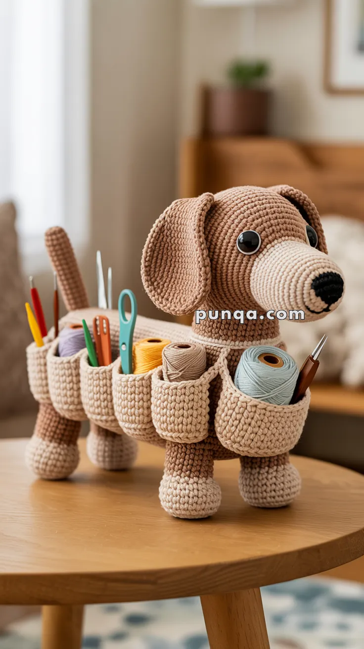 A crocheted dog-shaped organizer with pockets filled with knitting tools and yarn, standing on a wooden table in a cozy room.