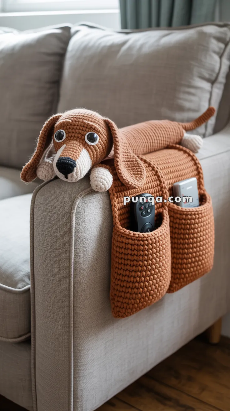 A crocheted brown dachshund armrest organizer draped over the arm of a sofa, featuring two pockets holding a remote control and a smartphone.