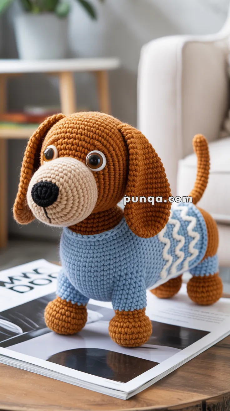 A crocheted dog toy with a brown body, large eyes, and a blue sweater stands on an open magazine on a table, with a plant and chair in the background.
