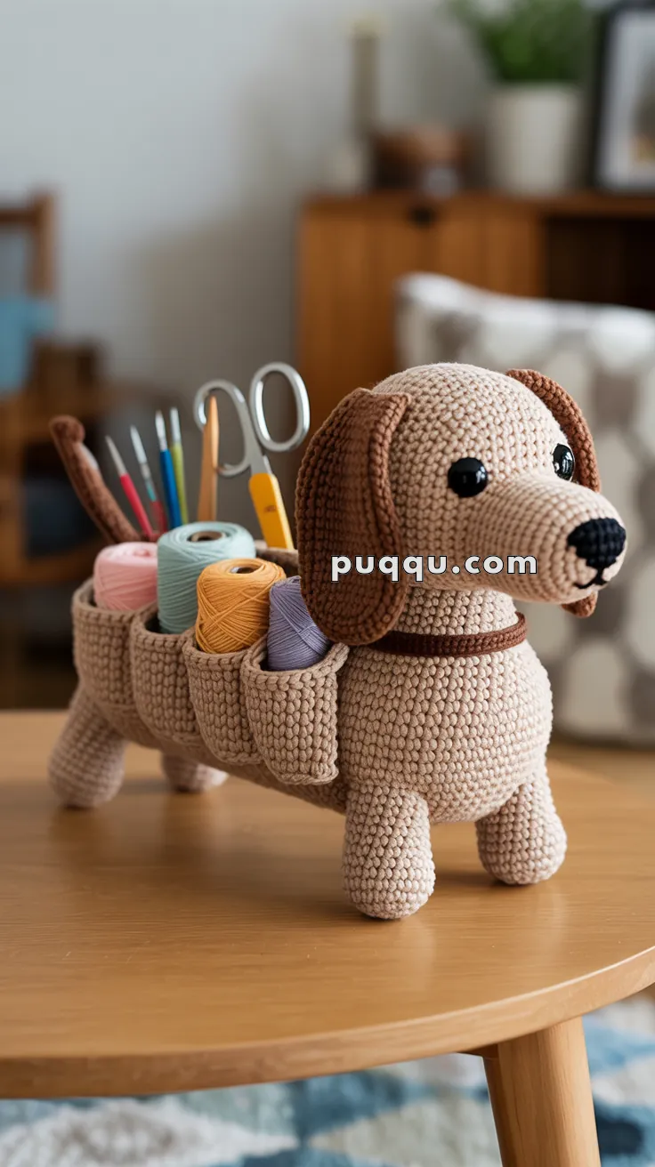 A crocheted dachshund-shaped organizer on a wooden table, holding various craft supplies such as scissors and yarn in its back pockets.