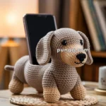 Crocheted dachshund phone holder with a smartphone inserted in its back, placed on a wooden table with a braided mat and a cozy indoor setting in the background.