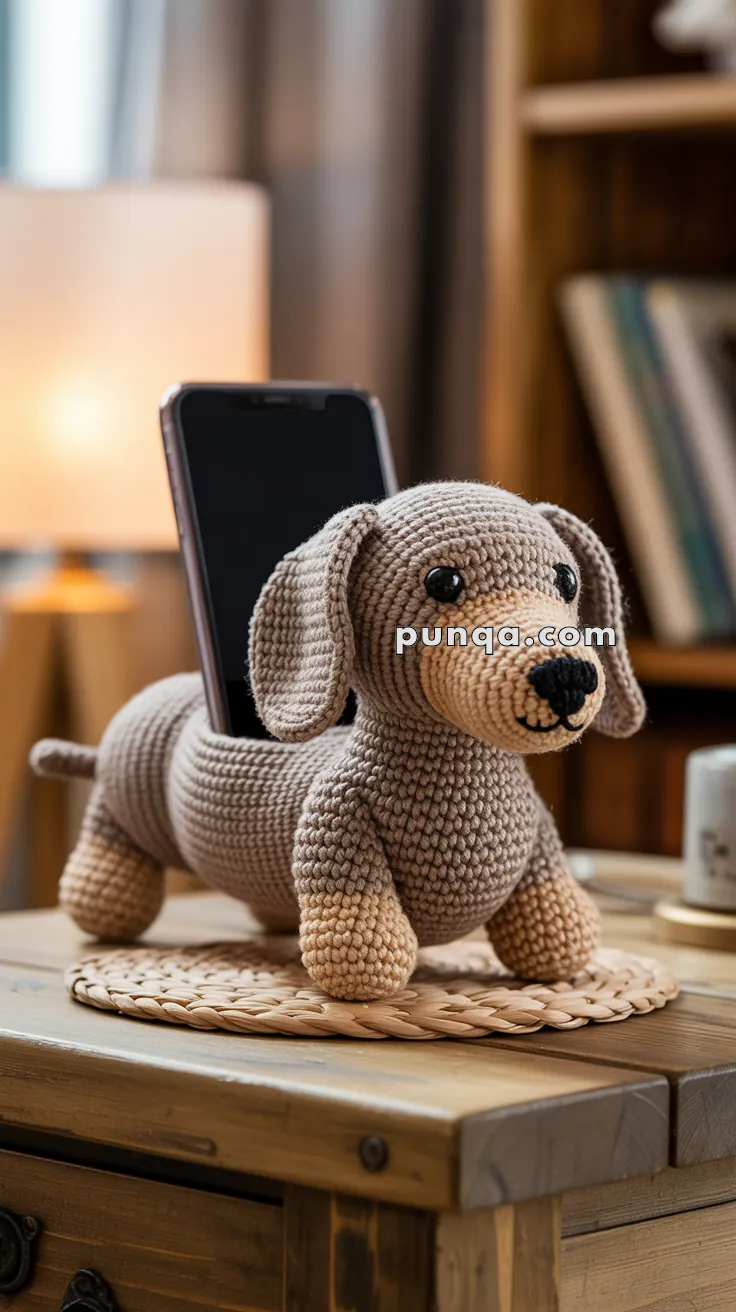Crocheted dachshund phone holder with a smartphone inserted in its back, placed on a wooden table with a braided mat and a cozy indoor setting in the background.