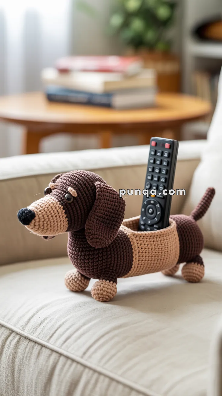 A crocheted toy shaped like a brown and beige dachshund, designed to hold a remote control, placed on a beige sofa.