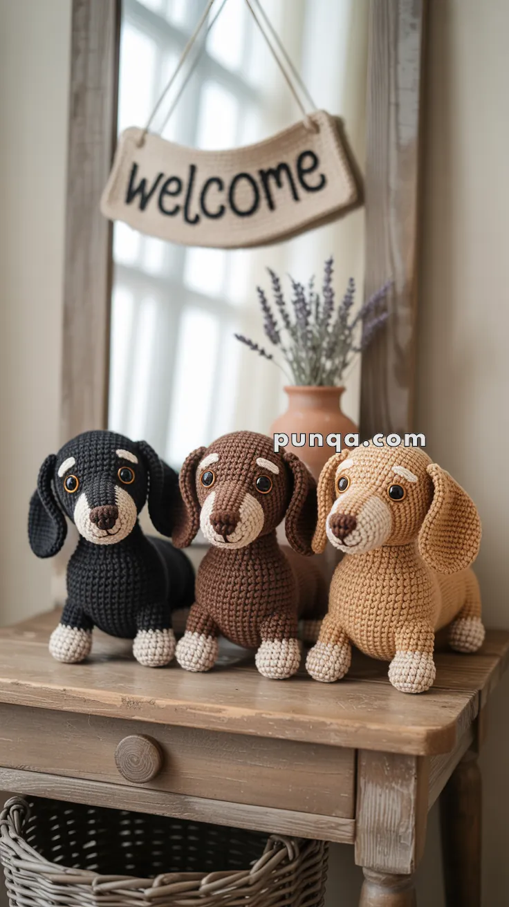 Three crocheted dachshund plushies in black, brown, and beige sit on a wooden table in front of a mirror with a "welcome" sign.