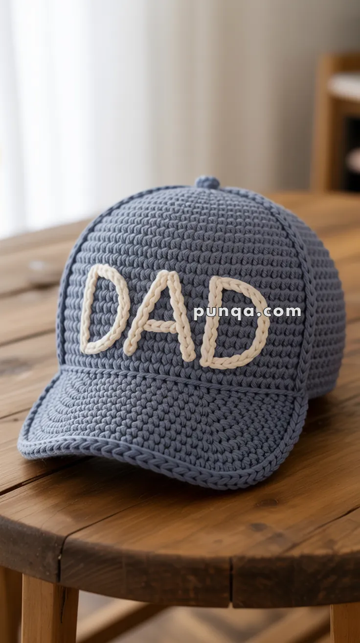 A blue crocheted baseball cap with the word "DAD" stitched in white yarn on the front, resting on a wooden table.