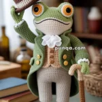 A crocheted frog doll dressed in Victorian-style clothing, including a green coat and brown shoes, holding a cane and tipping a top hat.