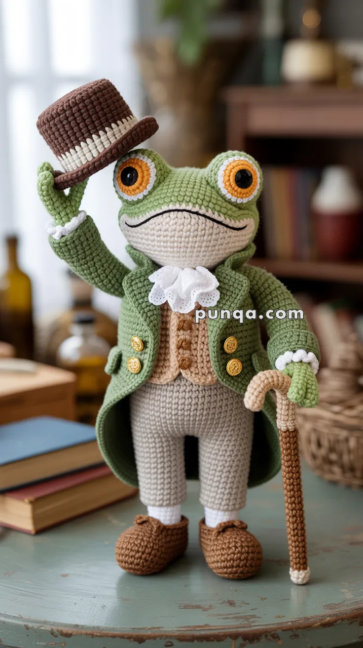 A crocheted frog doll dressed in Victorian-style clothing, including a green coat and brown shoes, holding a cane and tipping a top hat.