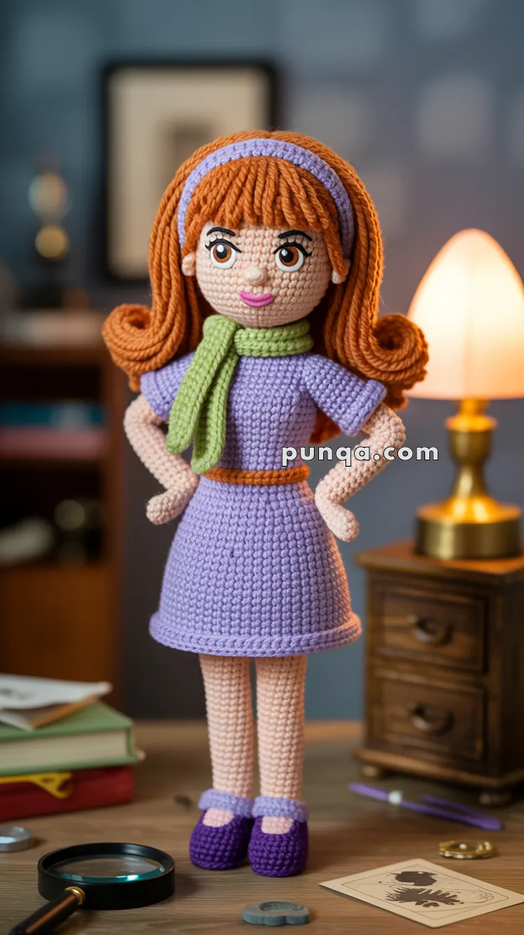 A crocheted doll with orange hair, wearing a purple dress, green scarf, and purple shoes, stands on a table with a lamp and books in the background.