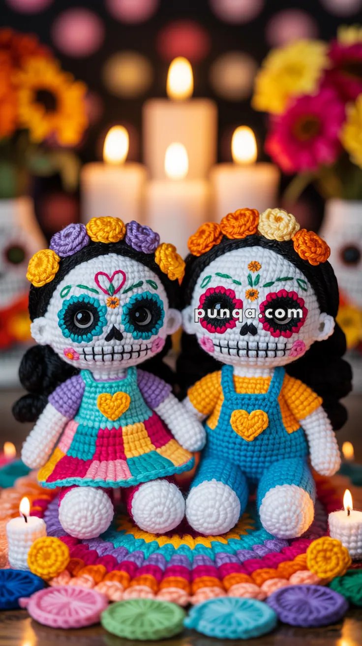 Two crocheted dolls inspired by Day of the Dead, featuring colorful clothing, floral headbands, and decorative face paint, seated on a vibrant knitted mat with candles and flowers in the background.