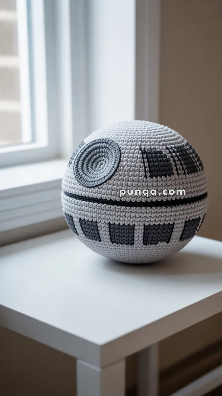 A crocheted Death Star replica placed on a white table by a window.