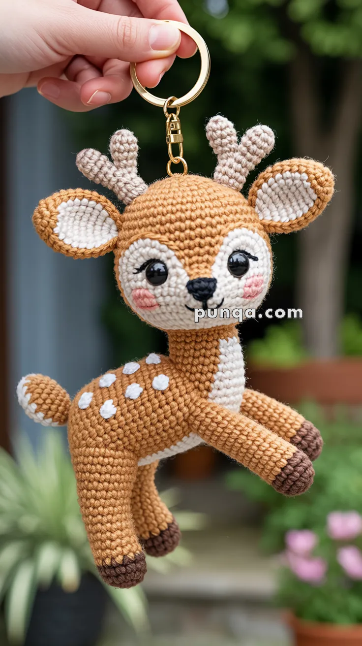 A hand holds a crocheted keychain in the shape of a cute deer with antlers and spotted fur.