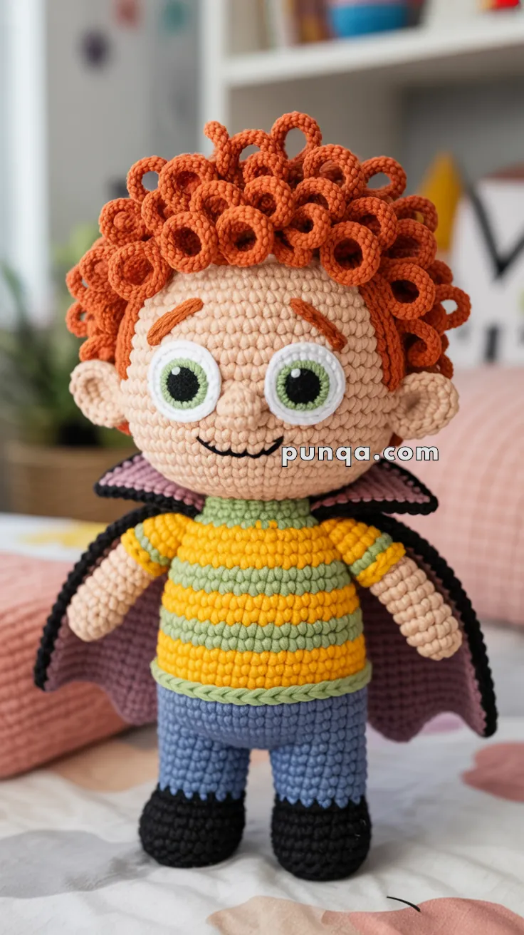 A handmade crocheted doll with curly orange hair, large green eyes, wearing a striped green and yellow shirt, blue pants, and a black cape.