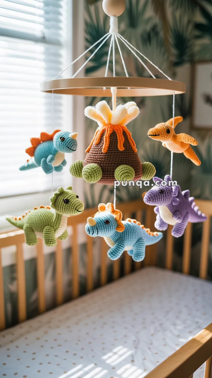A baby's mobile hanging over a crib, featuring crocheted dinosaur figures and a volcano in various colors.
