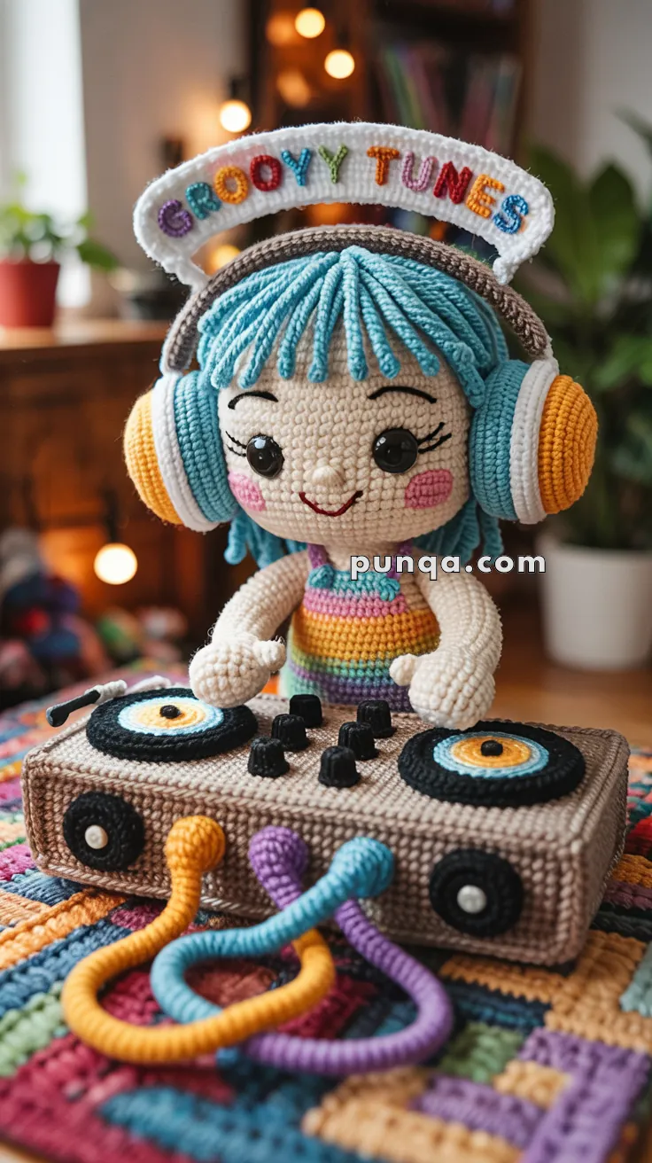 A crocheted doll with blue hair wearing colorful headphones labeled "Groovy Tunes." The doll is posed as a DJ, with a smile, standing behind a crocheted DJ set, featuring turntables and colorful cords. The scene is set in a cozy room with soft lighting and houseplants in the background.