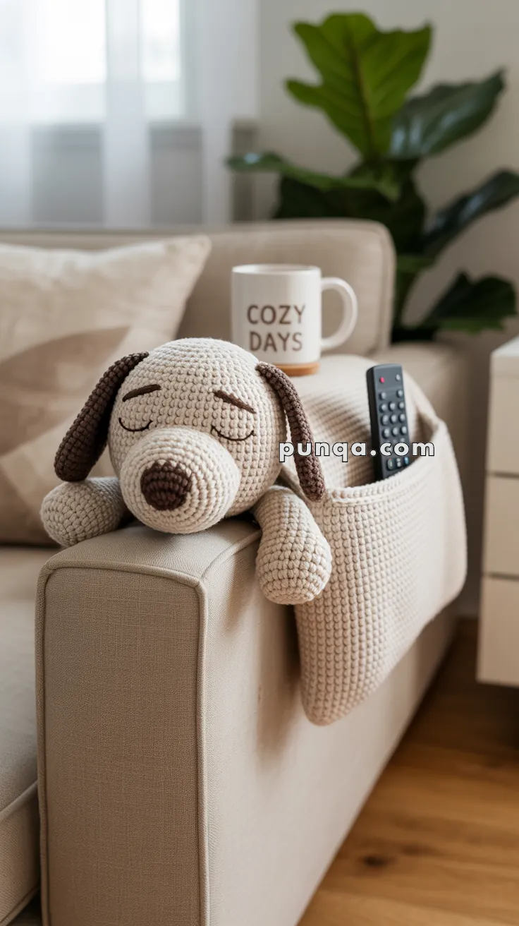 A crocheted plush dog with closed eyes rests on the arm of a beige couch, accompanied by a mug labeled 'Cozy Days' and a remote in a side pocket.