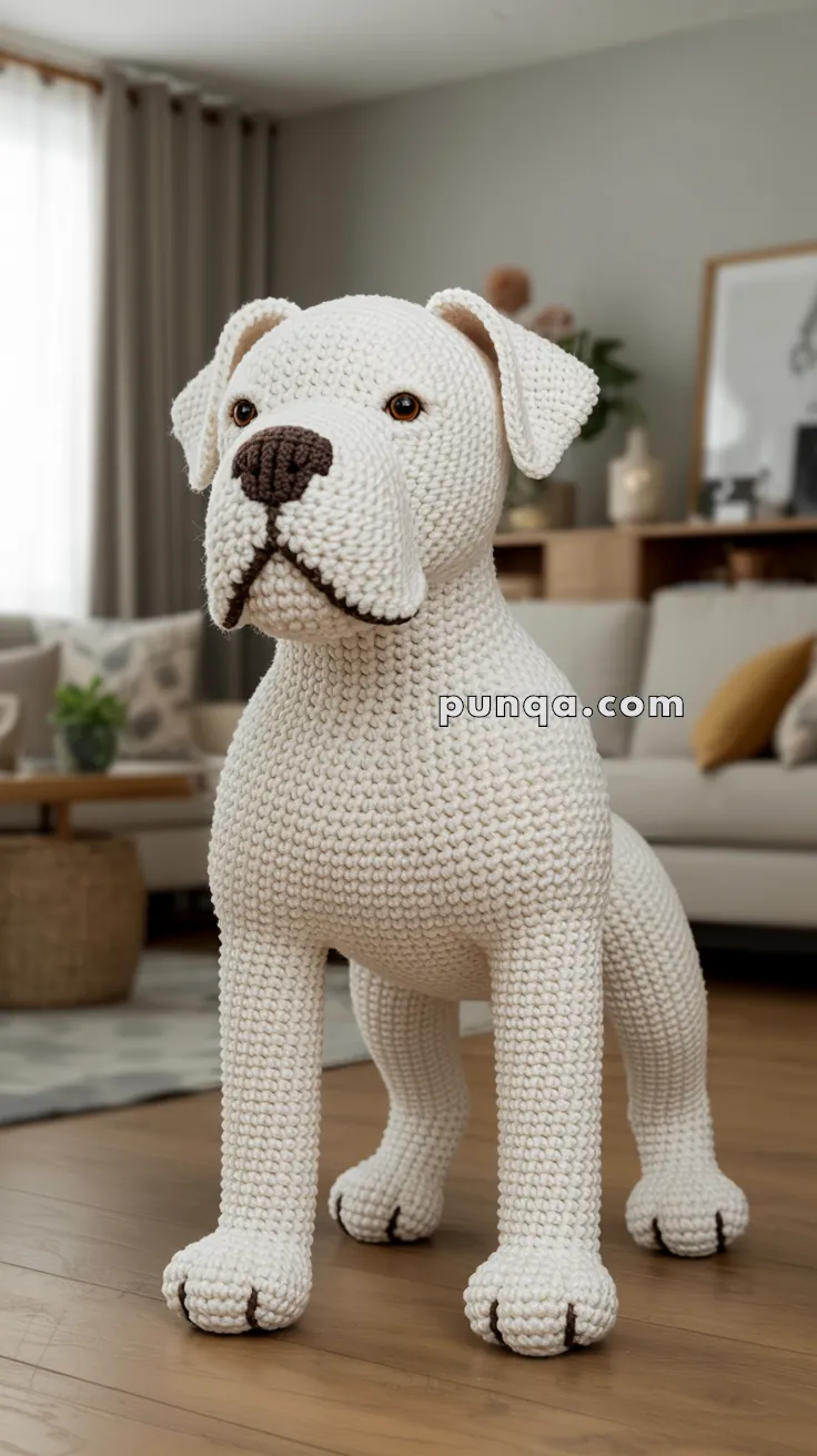 A large, crocheted white dog plush stands on a wooden floor in a cozy living room.