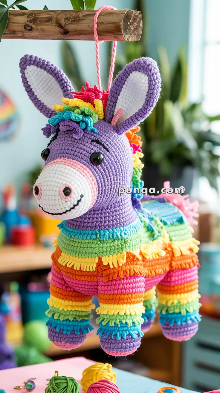 A colorful crocheted donkey piñata hanging by a pink string, featuring vibrant stripes of purple, blue, green, yellow, orange, and pink, with a smiling face and large ears.