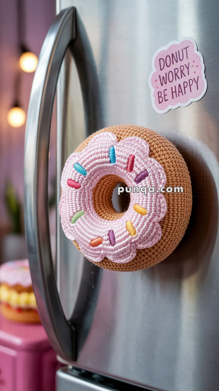 A crocheted doughnut with pink icing and colorful sprinkles is attached to a refrigerator door. Next to it, a sticker reads, 'DONUT WORRY BE HAPPY.' The background features a softly lit kitchen scene.
