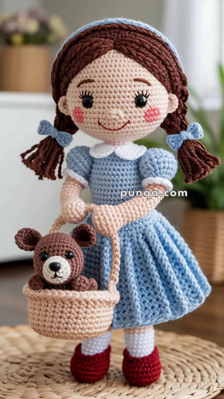A crocheted doll wearing a blue dress, red shoes, and holding a basket with a small crocheted teddy bear inside.