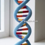 A plush model of a DNA double helix with colorful ribbed strands standing on a window sill.