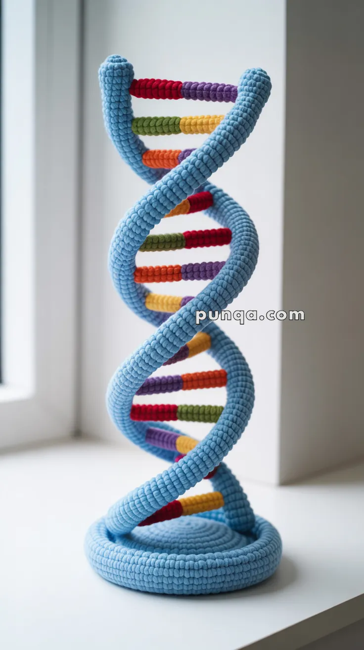 A plush model of a DNA double helix with colorful ribbed strands standing on a window sill.