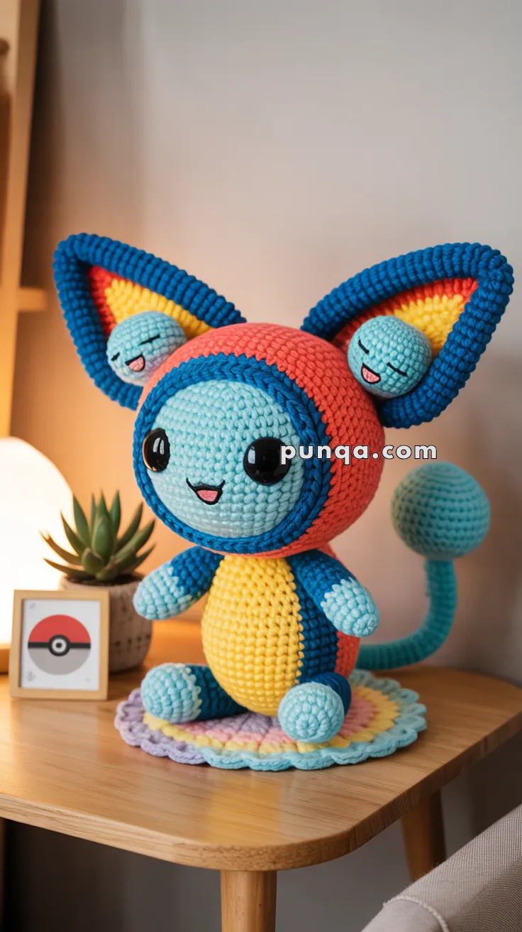 A crocheted doll resembling a cute creature with large, colorful ears, a blue face, and a yellow belly, sitting on a wooden table beside a small plant and a framed Pokeball design.