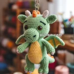 A cute handmade crochet keychain of a green dragon with a yellow belly and small wings hanging on a wooden holder, with colorful yarn balls and a cozy room setting in the background.