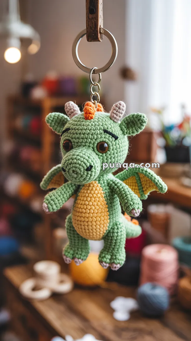 A cute handmade crochet keychain of a green dragon with a yellow belly and small wings hanging on a wooden holder, with colorful yarn balls and a cozy room setting in the background.
