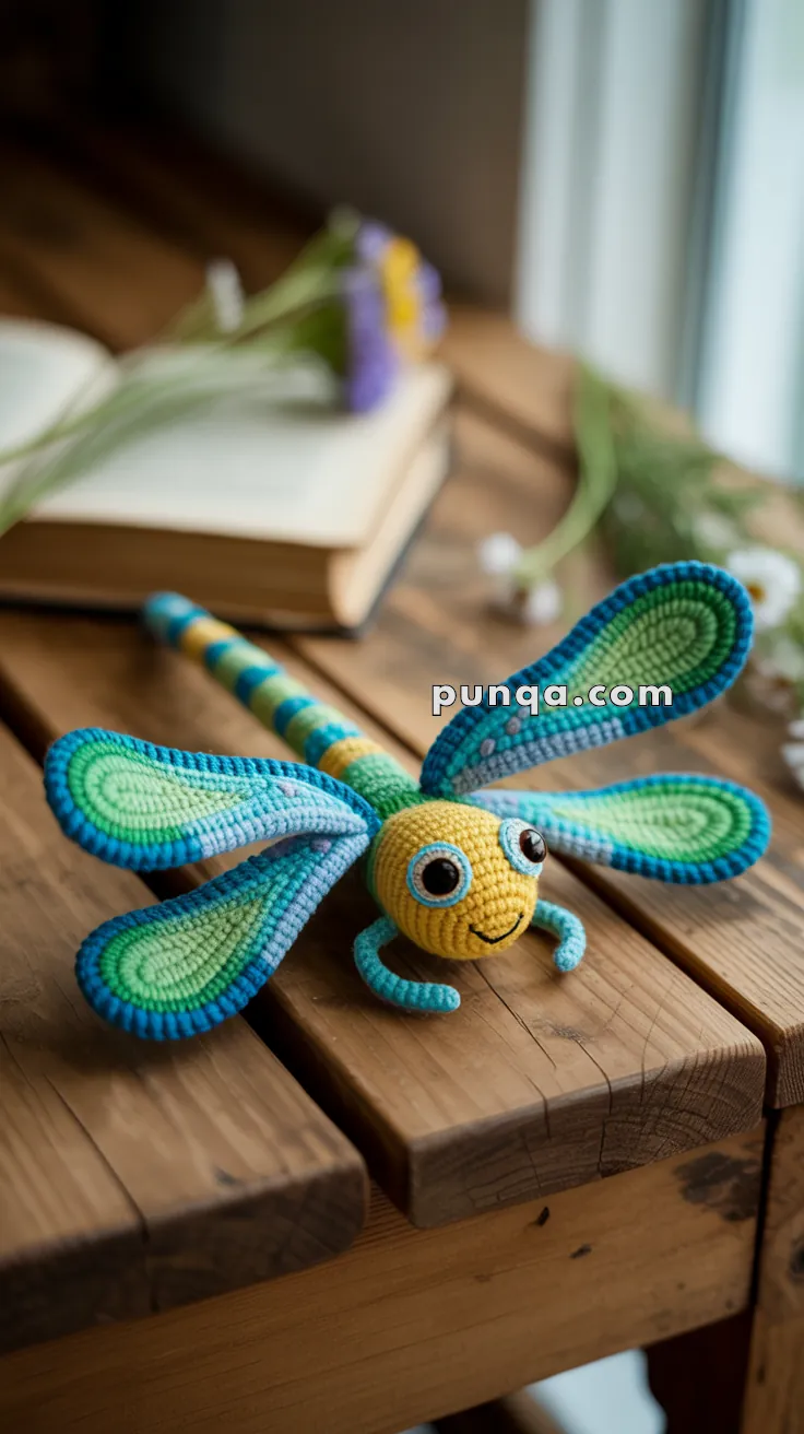 A colorful crocheted dragonfly toy with large, expressive eyes rests on a wooden surface, with blurred flowers and an open book in the background.