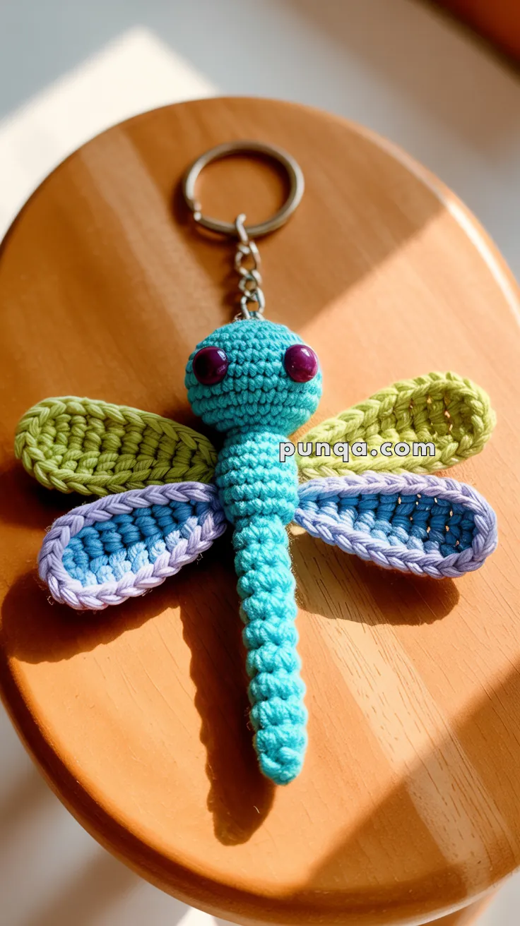 A crocheted dragonfly keychain with a blue body, large purple eyes, and wings in green and blue hues, resting on a wooden surface in sunlight.