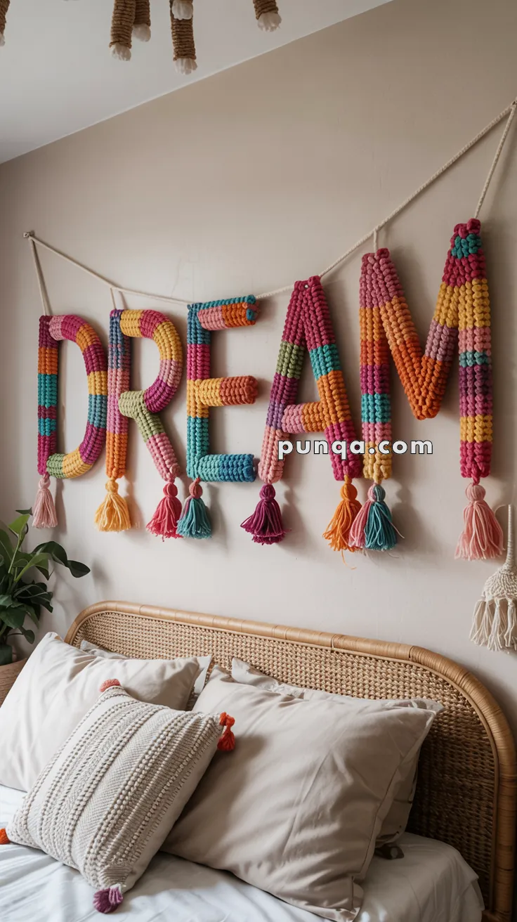 A bedroom features a decorative wall hanging that spells "DREAM" in colorful, knitted letters with tassels. The letters are hanging above a bed with a rattan headboard, adorned with beige pillows and a textured throw pillow. A plant is positioned to the side of the bed.
