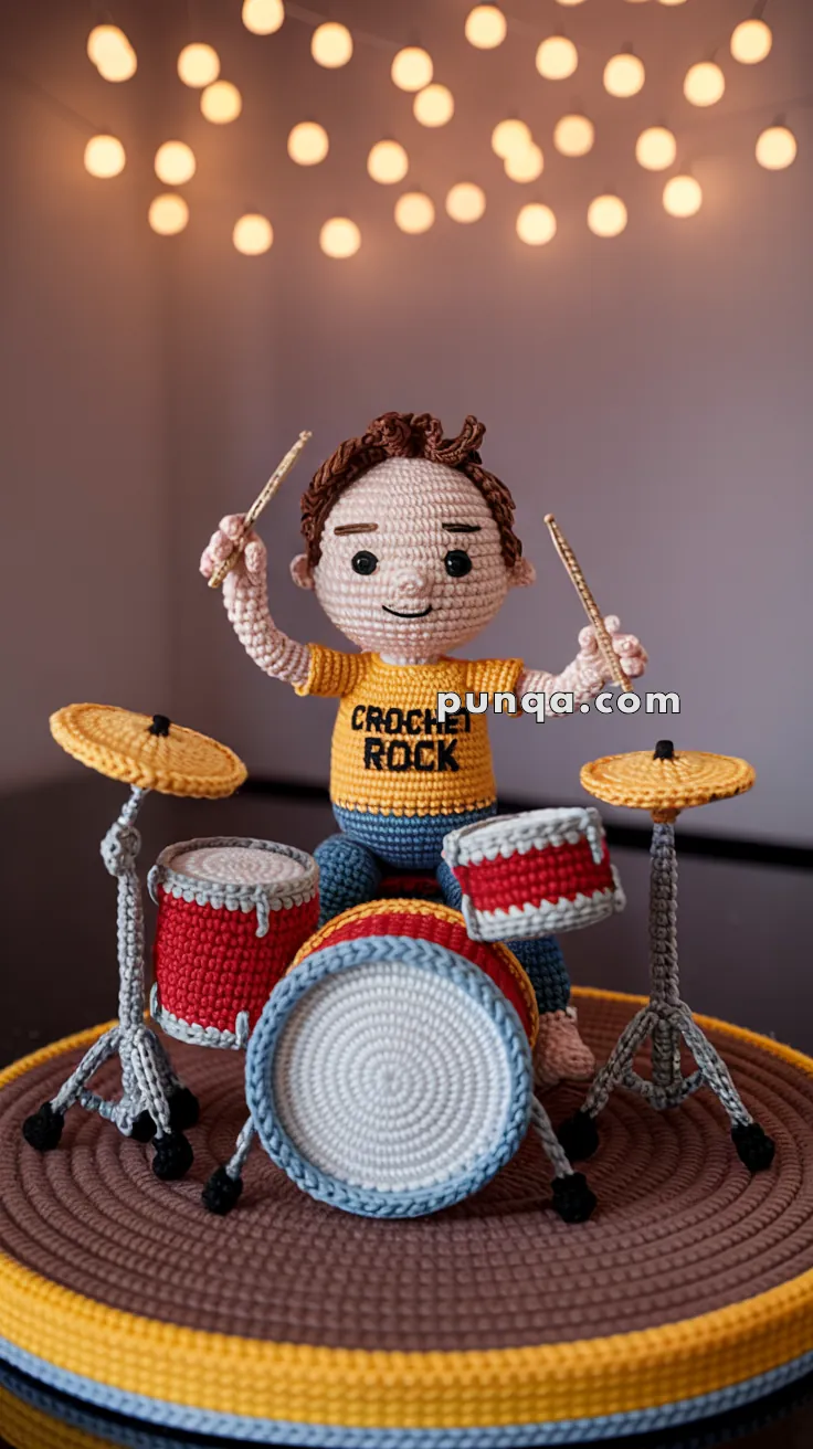 Crocheted doll playing a red and yellow drum set, wearing a yellow shirt with 'Crochet Rock' printed on it, set against a blurred background with hanging lights.