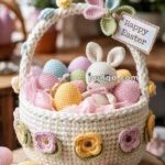 A crochet Easter basket filled with pastel-colored eggs and a small crochet bunny, adorned with colorful flowers and a 'Happy Easter' tag, sitting on a wooden surface.