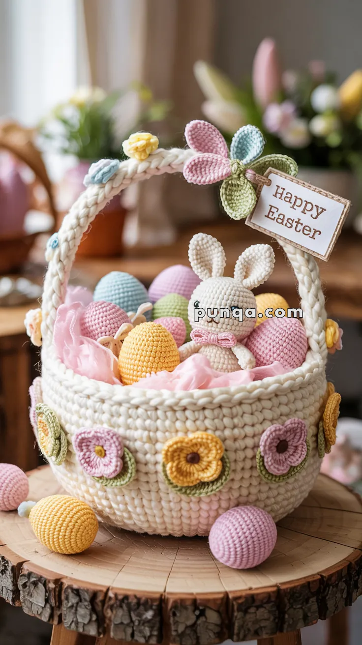A crochet Easter basket filled with pastel-colored eggs and a small crochet bunny, adorned with colorful flowers and a 'Happy Easter' tag, sitting on a wooden surface.