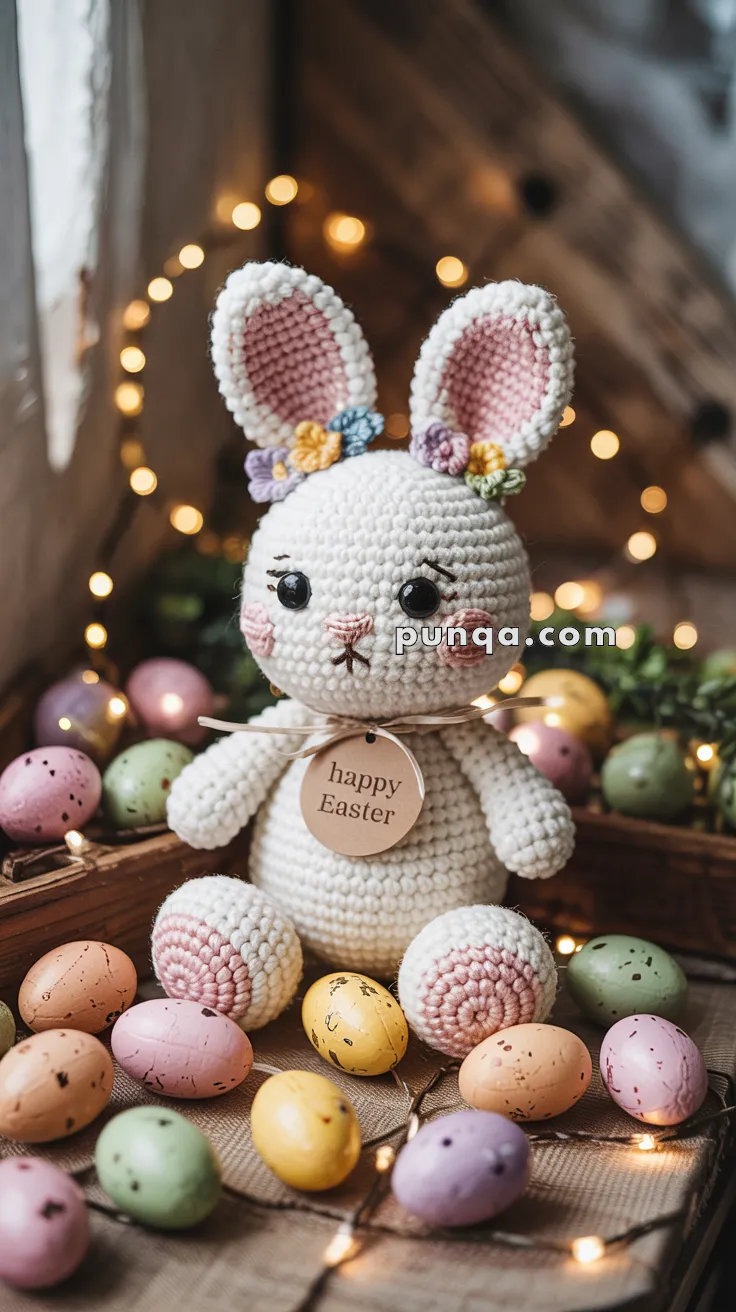 A crocheted bunny toy with colorful flowers on its ears sits among pastel-colored Easter eggs and fairy lights, with a "happy Easter" tag around its neck.