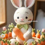 A crocheted bunny holding a carrot, surrounded by small crocheted carrots in a circular arrangement.