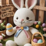 A handmade crochet bunny sits on a green mat holding a striped Easter egg and a basket filled with colorful eggs, surrounded by flowers and a "Happy Easter" sign in the background.