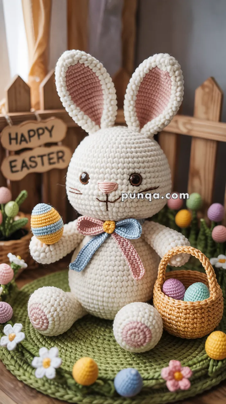 A handmade crochet bunny sits on a green mat holding a striped Easter egg and a basket filled with colorful eggs, surrounded by flowers and a "Happy Easter" sign in the background.