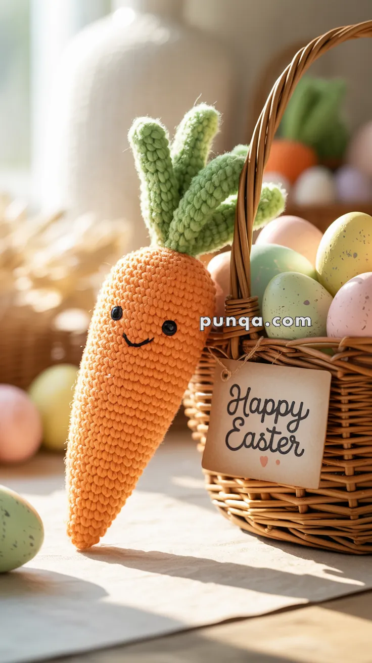 A crochet carrot with a smiling face is leaning against a wicker basket filled with painted Easter eggs. A small card on the basket reads "Happy Easter."