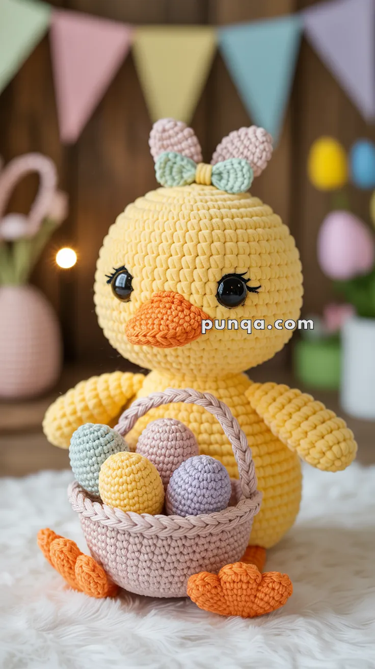 A crocheted yellow duckling with an orange beak and embroidered eyelashes, holding a basket of pastel colored eggs, set against a background decorated with colorful bunting flags.