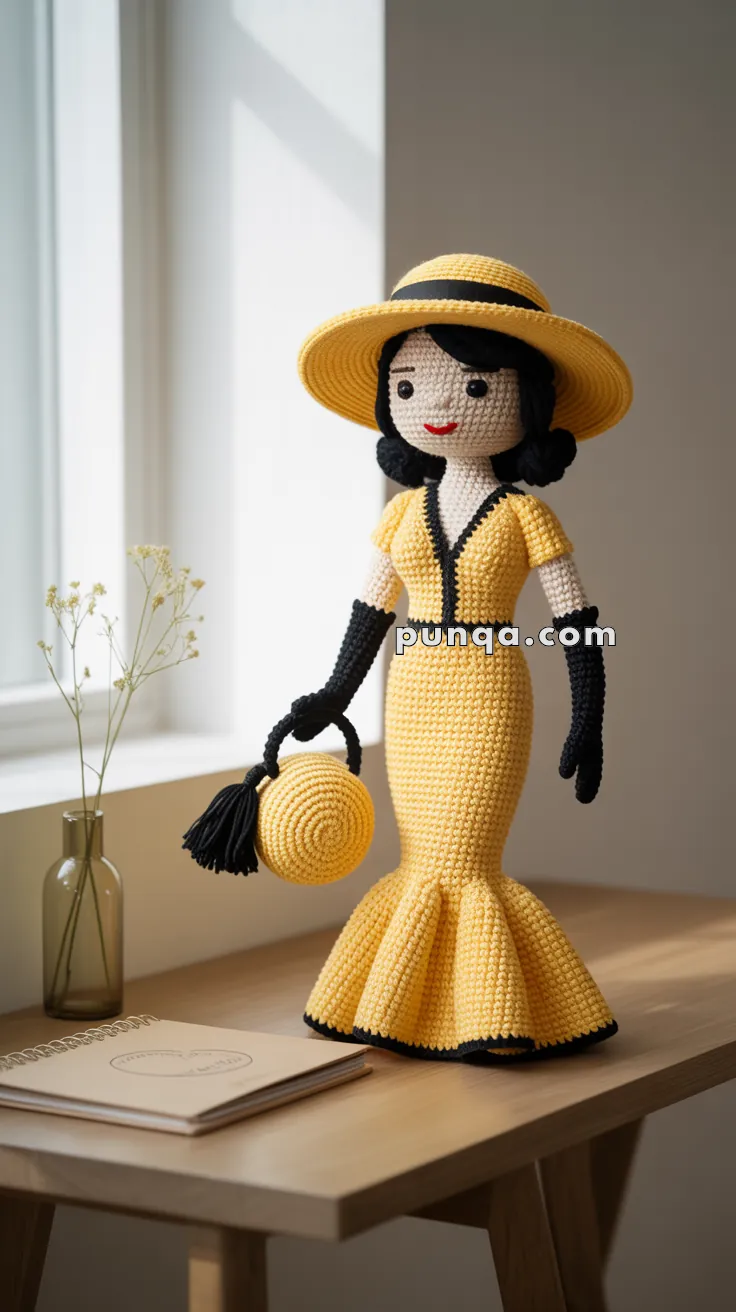 A crochet doll wearing a yellow dress with black trim, a matching wide-brimmed hat, and holding a round yellow handbag with black tassels, is displayed on a wooden table near a window, with a vase and a notebook beside it.