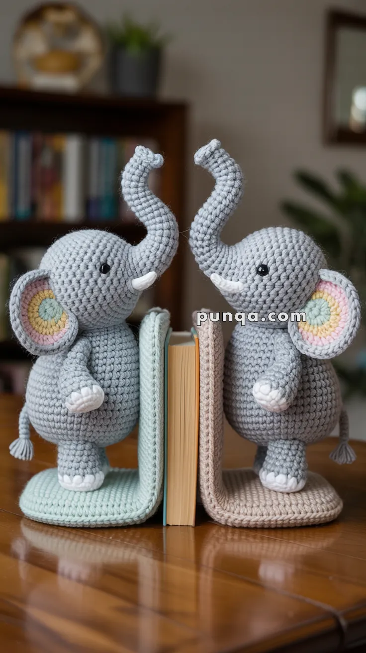 Two crocheted elephant bookends in gray with colorful ear accents holding a book upright on a wooden surface in a cozy room setting.
