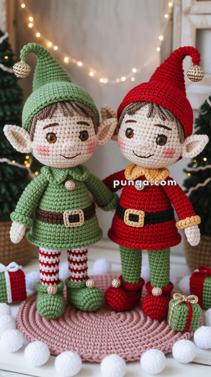 Two crocheted elf dolls with large ears and Christmas-themed outfits, one in green with red and white striped leggings, and the other in red with green shoes, standing on a pink braided mat surrounded by white pom-poms and small gift boxes.