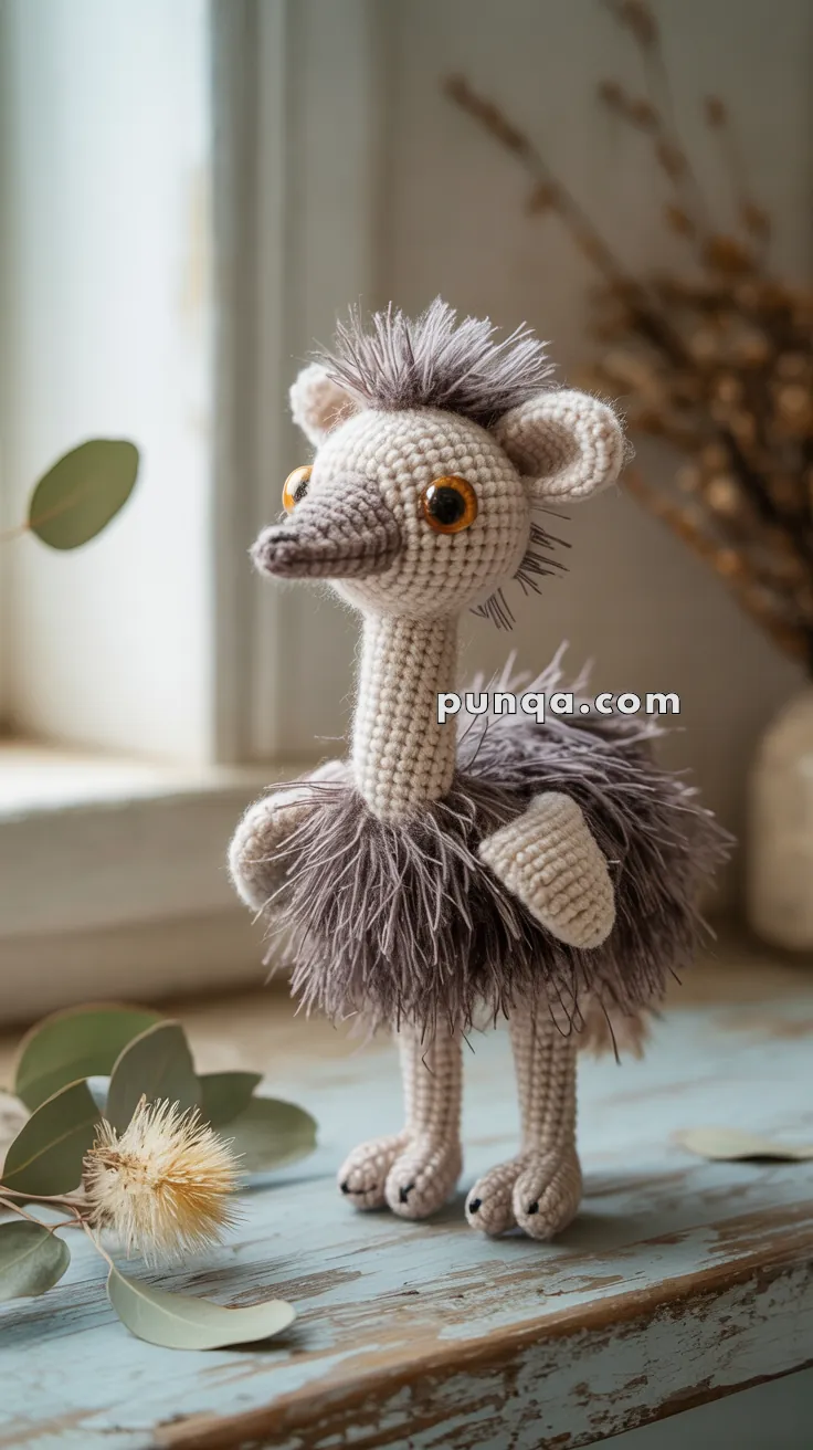 A handmade crochet emu toy with shaggy gray fur and large orange eyes, standing on a wooden surface near a window, with a plant in the foreground.