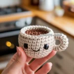 A person holding a handmade crocheted cup with a cute face and coffee-like filling inside, set in a kitchen environment.