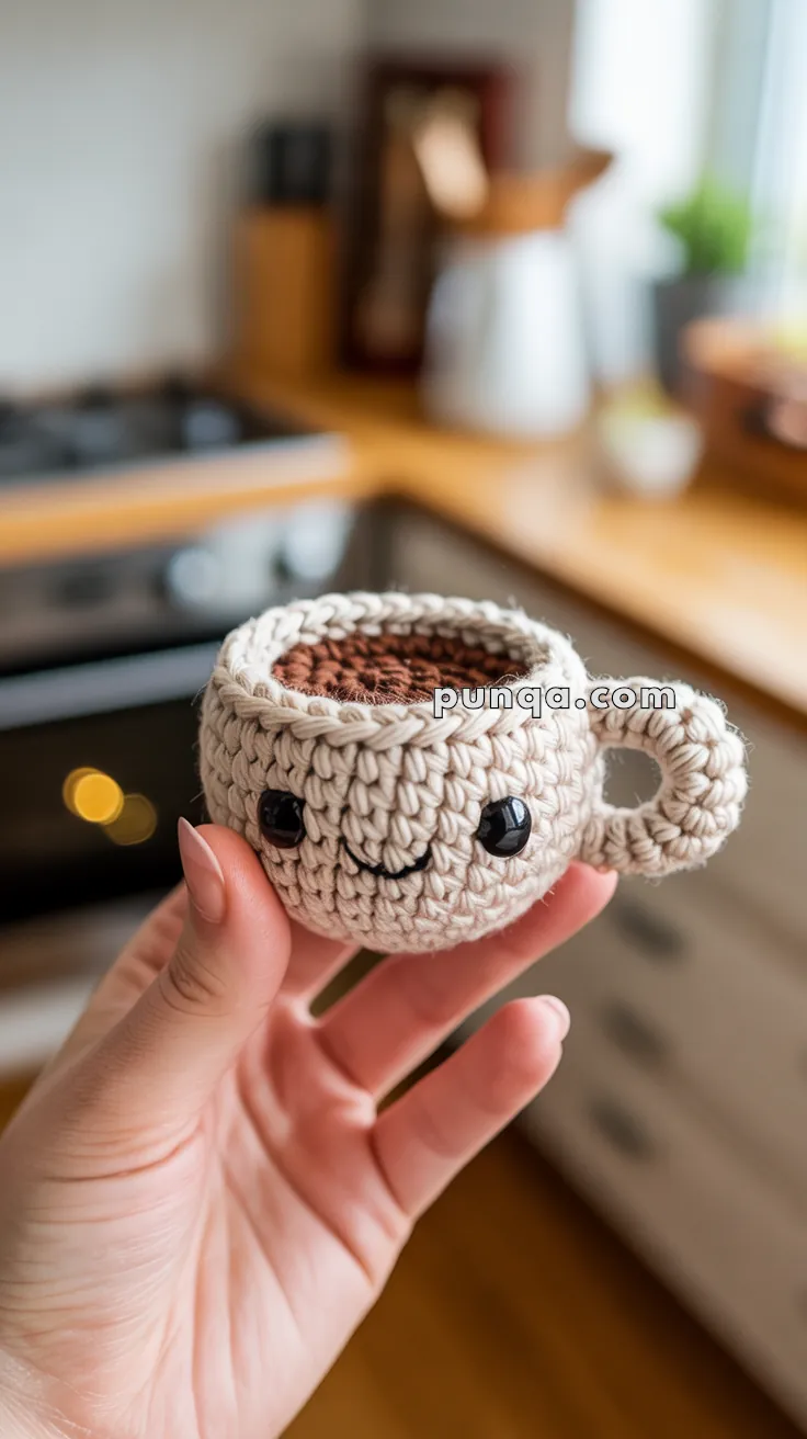 A person holding a handmade crocheted cup with a cute face and coffee-like filling inside, set in a kitchen environment.
