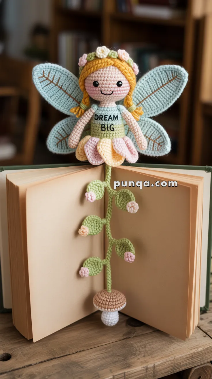 A crocheted fairy with wings, wearing a "Dream Big" dress, adorns a bookmark inside an open book. The bookmark features a green crochet stem with pink flowers and a mushroom at the bottom.