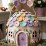 A colorful crocheted teapot cover designed to resemble a whimsical house, featuring a roof made of multicolored circular patches, arched windows, a door with pink and purple hues, and a small "Welcome" sign. It is displayed on a wooden table in a cozy room setting.